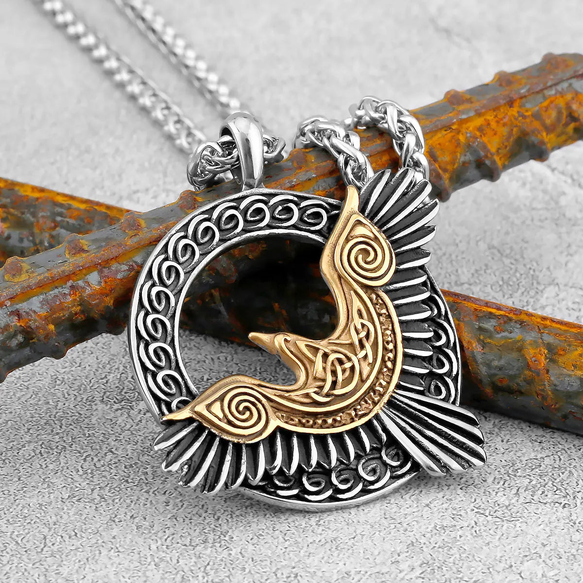 Nordic Odin Crow Skull Pendant Necklace Gothic Stainless Steel Raven Skull Compass Rune Necklace for Men Punk Jewelry