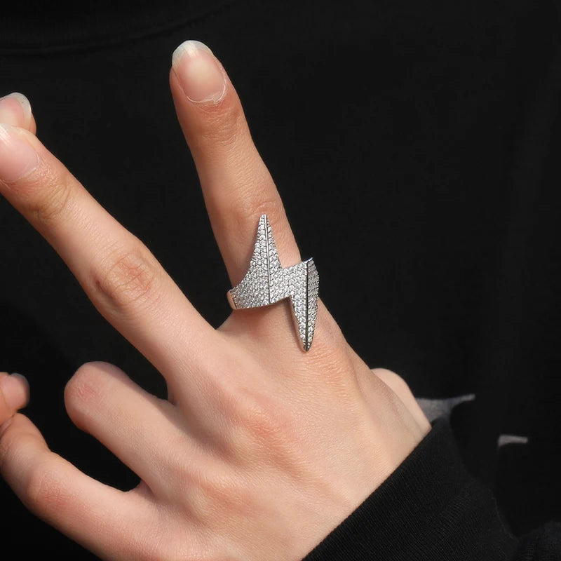 Iced Out Lightning Bolt Ring for Men — Two-Tone CZ Pave