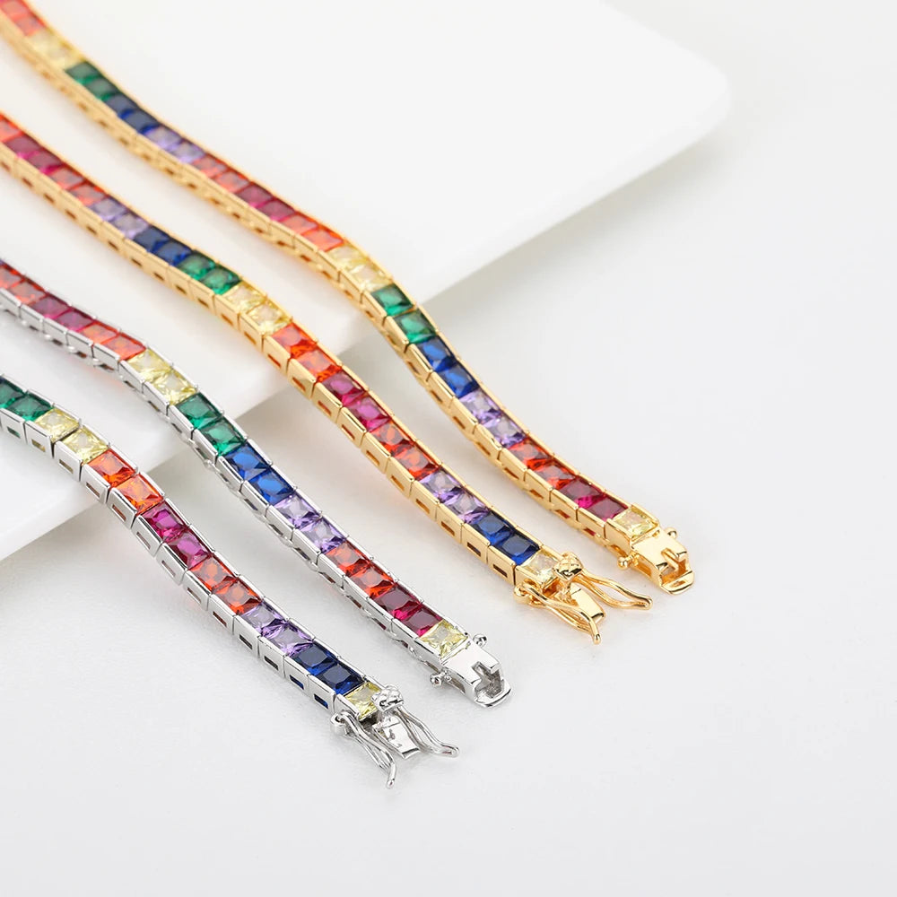 Gold Rainbow Tennis Necklace Iced Out 4MM 18K