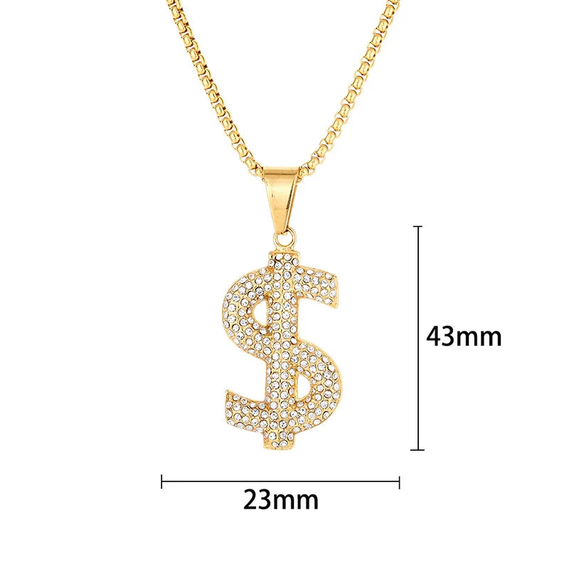 Hip Hop Bling Iced Out Stainless Steel Dollar Sign $ Pendants Necklace for Men Rapper Jewelry Gold Color