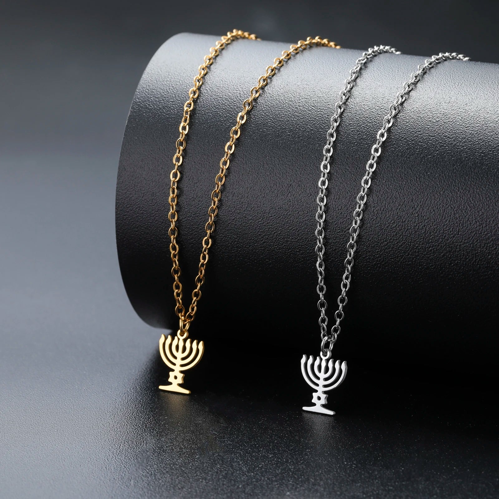 Star of David Menorah Pendant Necklace — Steel