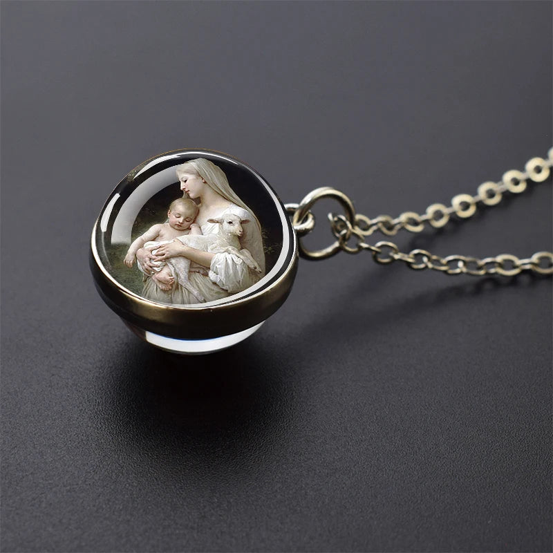 Jesus and Virgin Mary Necklace Saint Michael Jude Anthony Patrick Paul Glass Ball Pendant Religious Jewelry Christian Gift