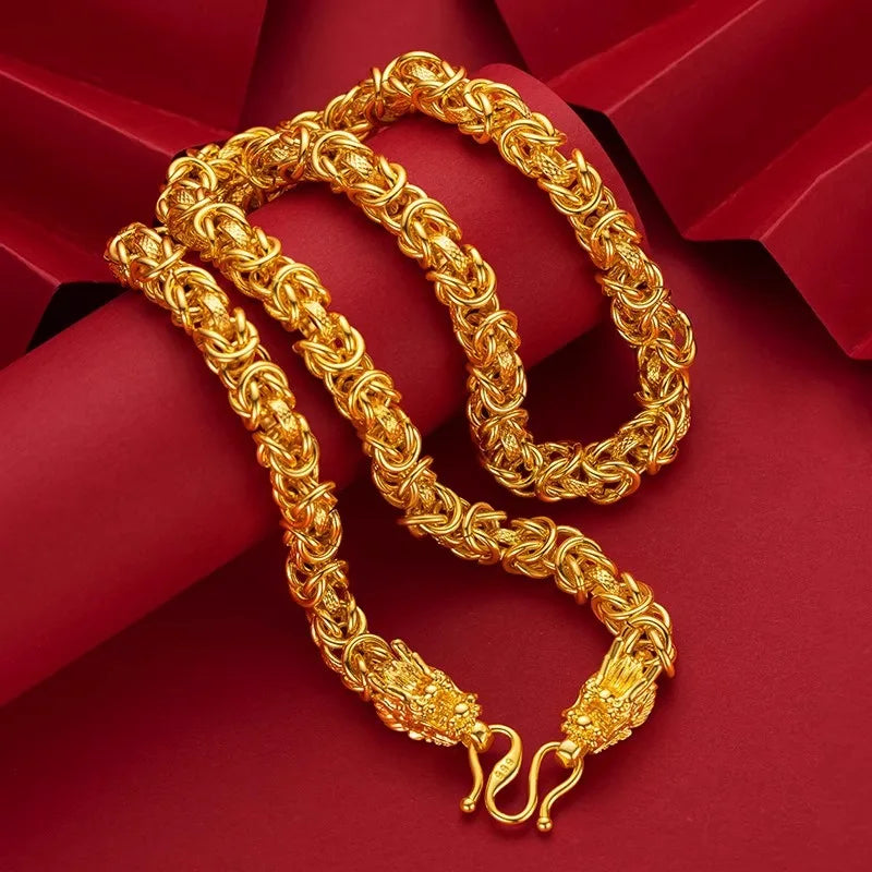 Unisex 24K AU999 Real Gold Boss Chain, Hollow 10MM 60CM Bold Keel Faucet Necklace, Polished Finish