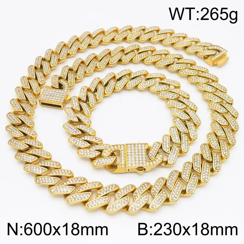 Hip Hop Rock Men's CZ Necklace & Bracelet Jewellery Set Luxury Waterproof Gold Color Stainless Steel Jewelry