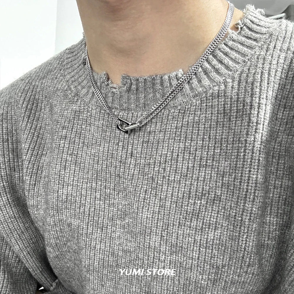 Hip Hop Double Lock Pendant Necklace For Man Woman Non-Fading Titanium Steel Choker Clavicle Chain Kpop Couple Jewelry