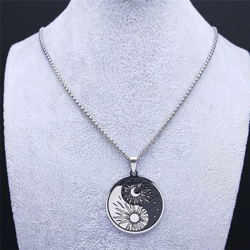 Stainless Steel Yin Yang Tai Chi Gossip Sun Moon Necklaces Chain for Women/Men Silver Color Necklaces Jewelry Chaine Collier