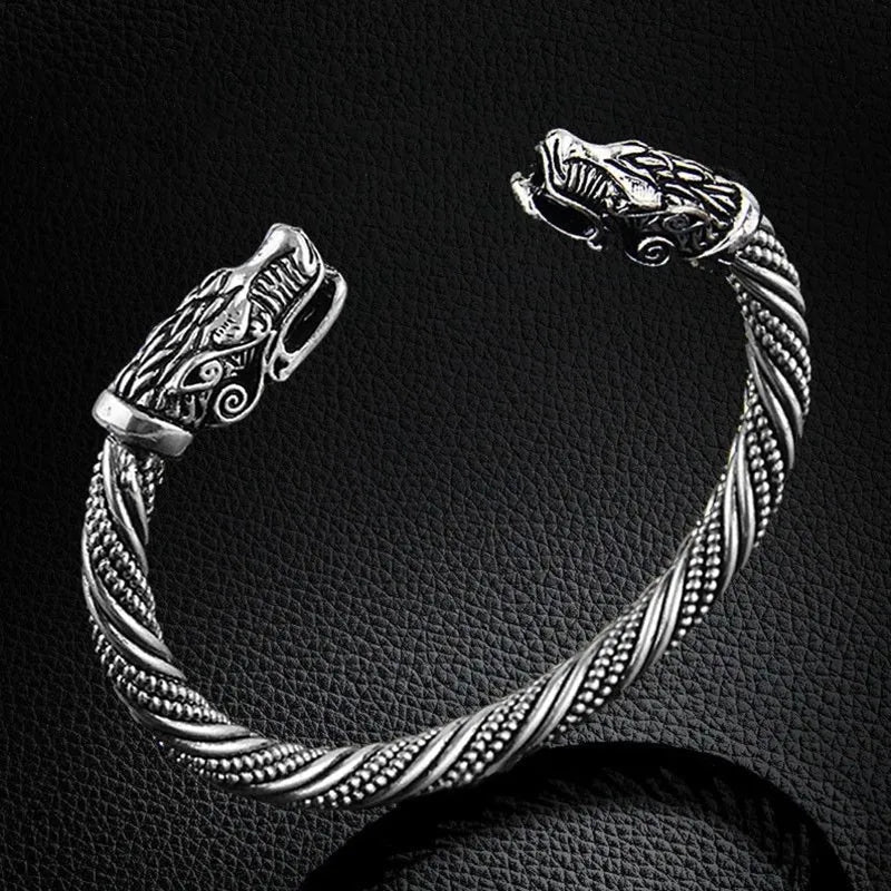 Classic Animal Viking Double Wolf Head Adjustable Bracelet Men Stainless Steel Bracelet Fashion Double Snake Heads