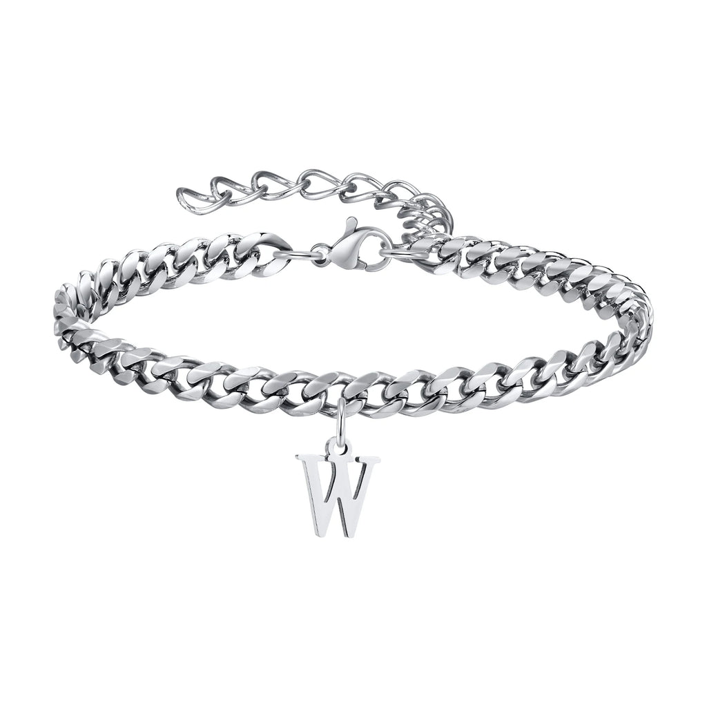Vnox A-Z Initial Bracelets for Men Women, Never Fade Silver Color Stainless Steel Cuban Chain Bracelet with 26 Letter