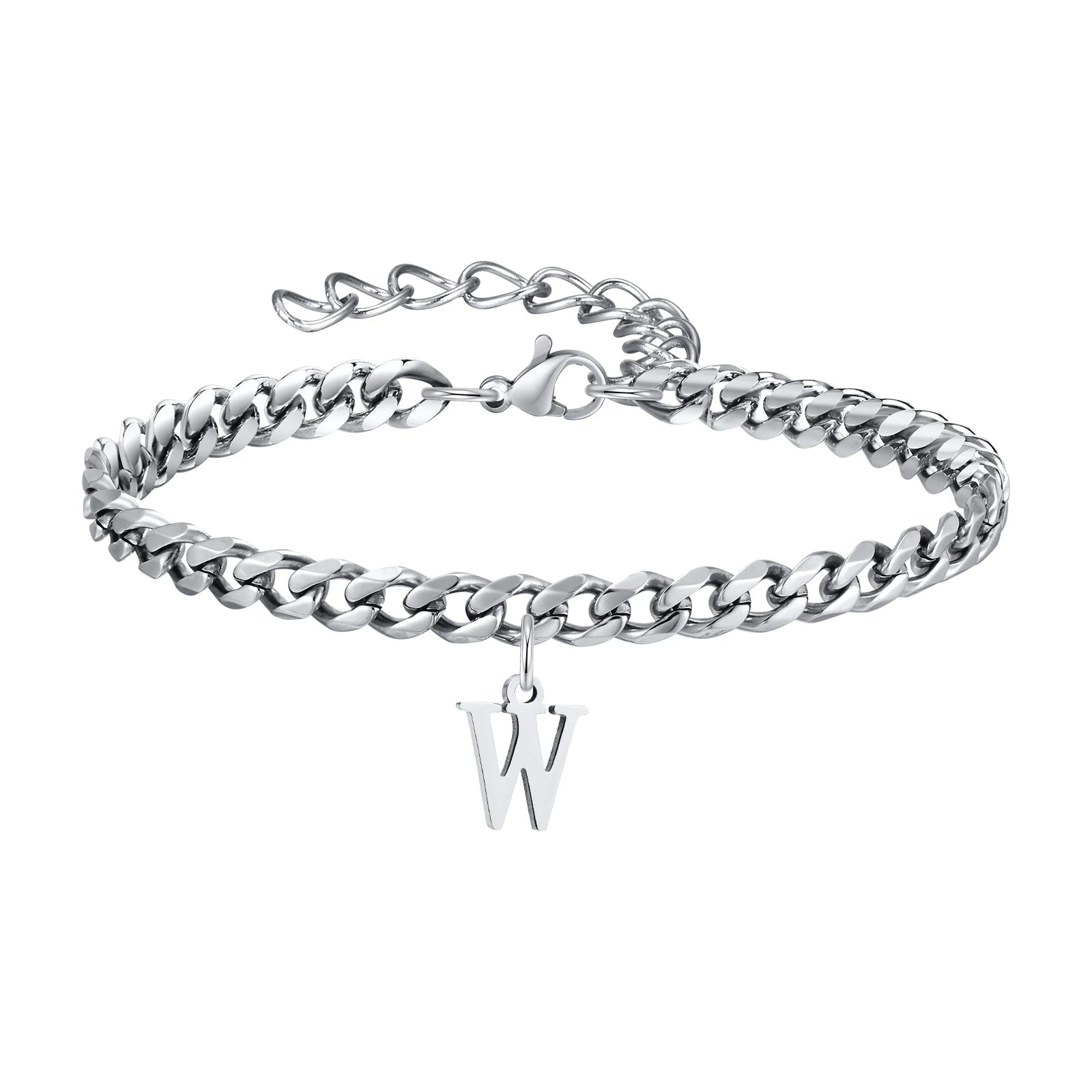 Vnox A-Z Initial Bracelets for Men Women, Never Fade Silver Color Stainless Steel Cuban Chain Bracelet with 26 Letter