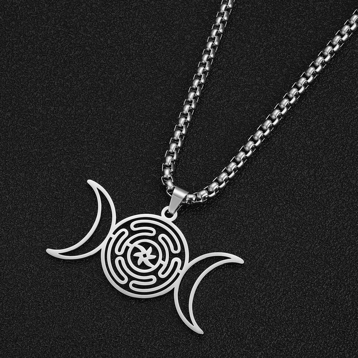 Hekate Wheel Triple Moon Pendant Necklace — Stainless Steel