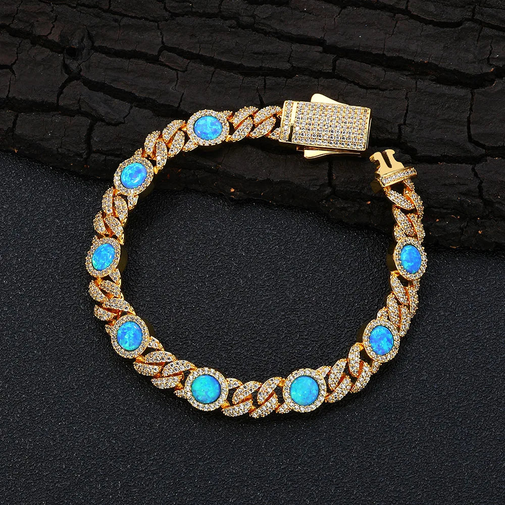 Cuban Iced Out Gold Necklace Blue Opal CZ