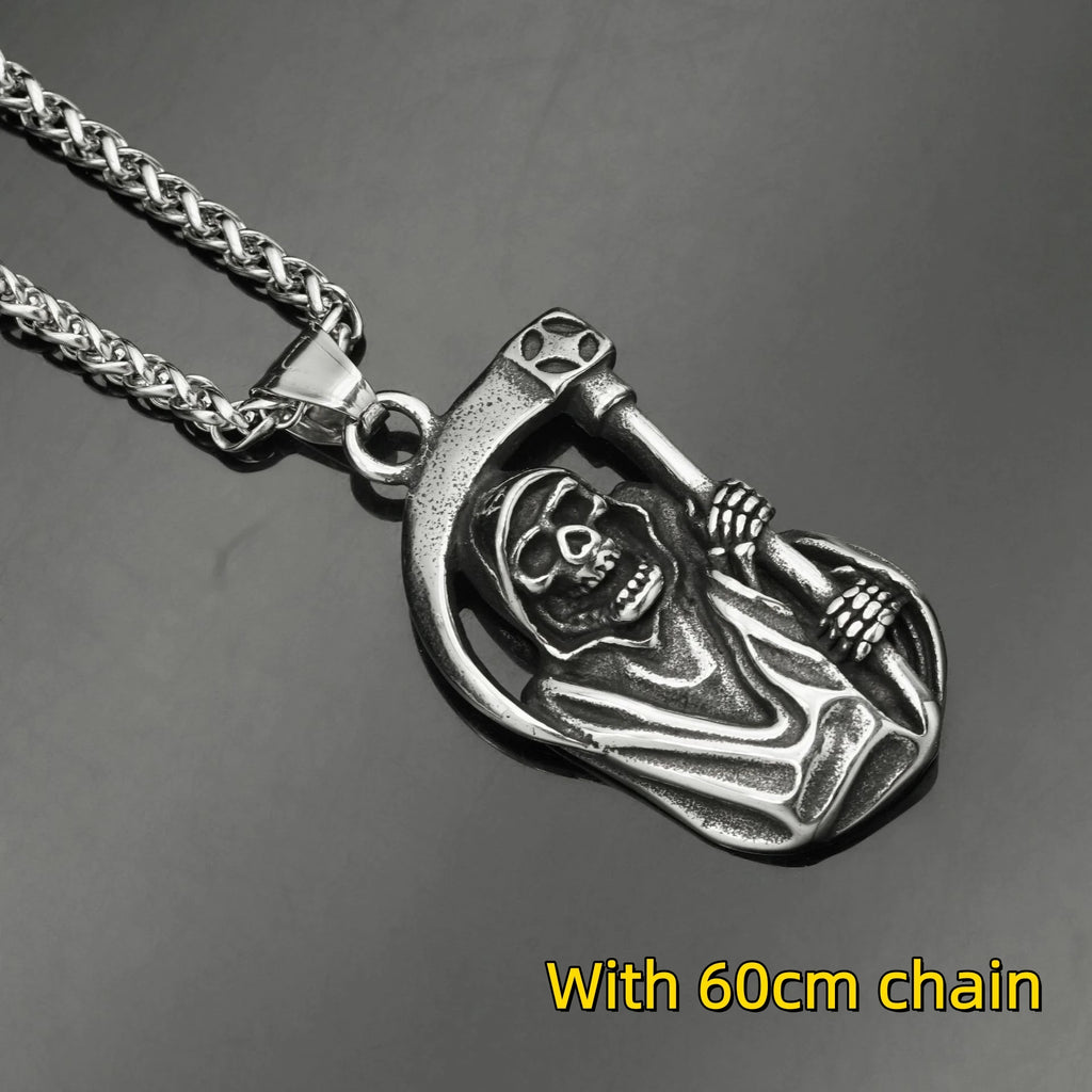 Grim Reaper Skull Biker Pendant Necklace — Stainless Steel