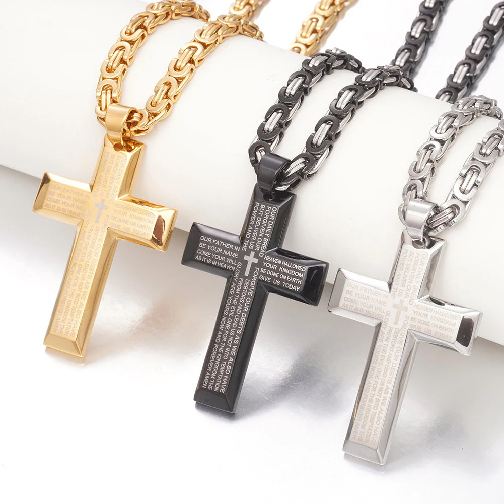 Bible Cross Pendant Necklace Byzantine Chain — Stainless Steel