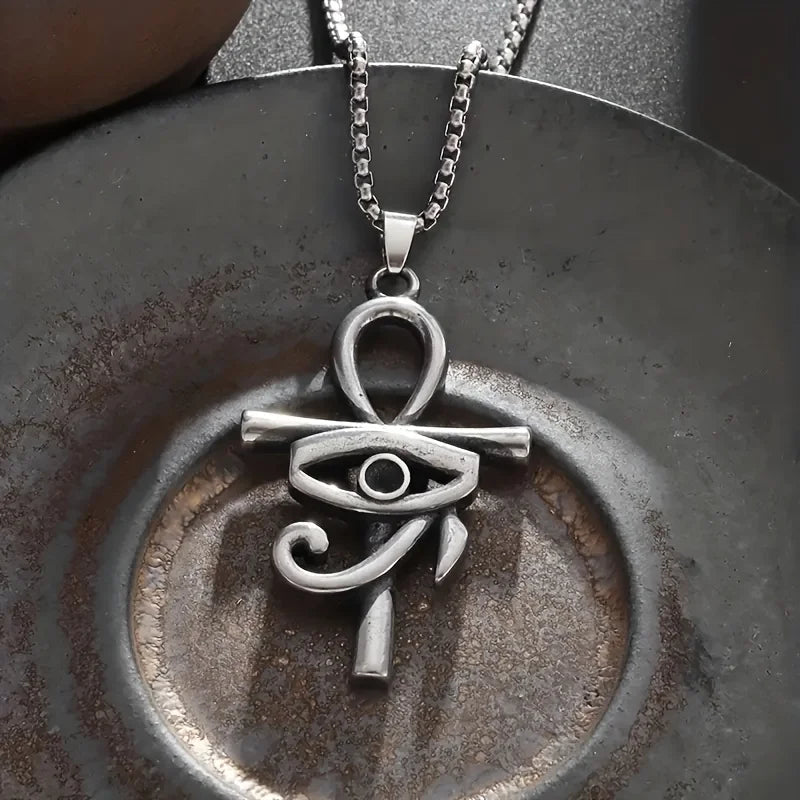 1pc Fashionable Horus Eye Ankh Cross Pendant Necklace, Unisex Amulet Jewelry for Sacred Protection