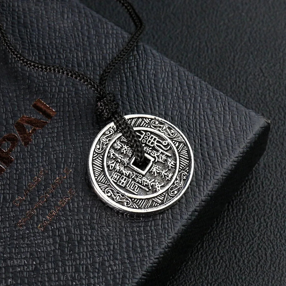 Metal Chinese-style Antique Coin Necklace Yin-Yang Bagua Tai Chi Rune Pendant Peaceful Evil-repelling Demon-warding