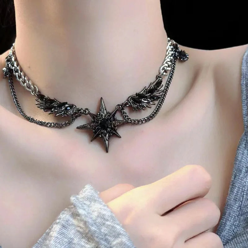 Gothic Hexagram Star Wing Necklace — Stainless Steel