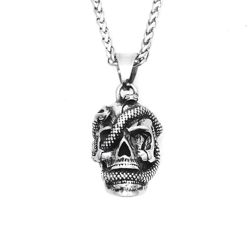 Vintage 3D Embossed Snake Skull Pendant Necklace Stainless Steel Fashion Jewelry Unisex Everyday Street Rock Party Holiday Gift
