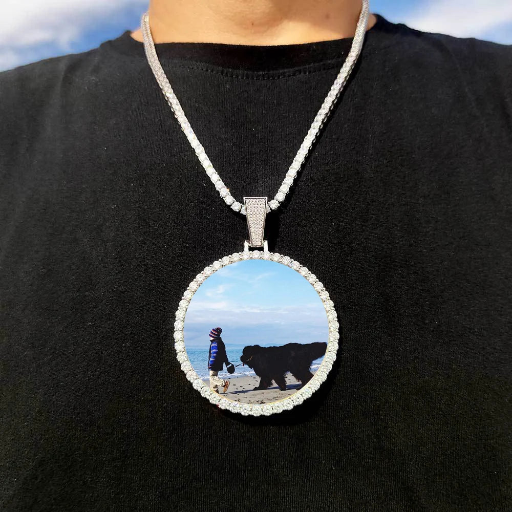 ESKEEM Big Circle Photo Medallions Chain Pendant Iced Out Men Hip Hop Memory Picture Pendant Jewelry Christmas Gift