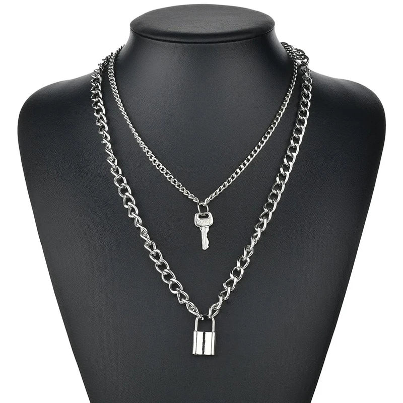 Fashion Chain Link Choker Heart Lock Cross Necklace Pendant For Women Men Silver Color Goth Jewelry Party Punk Long Necklaces