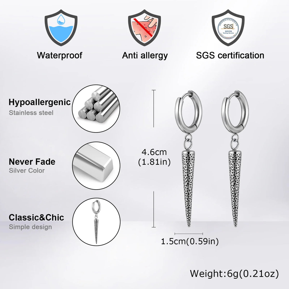 Gothic Cone Long Drop Earrings for Men — Stainless Steel