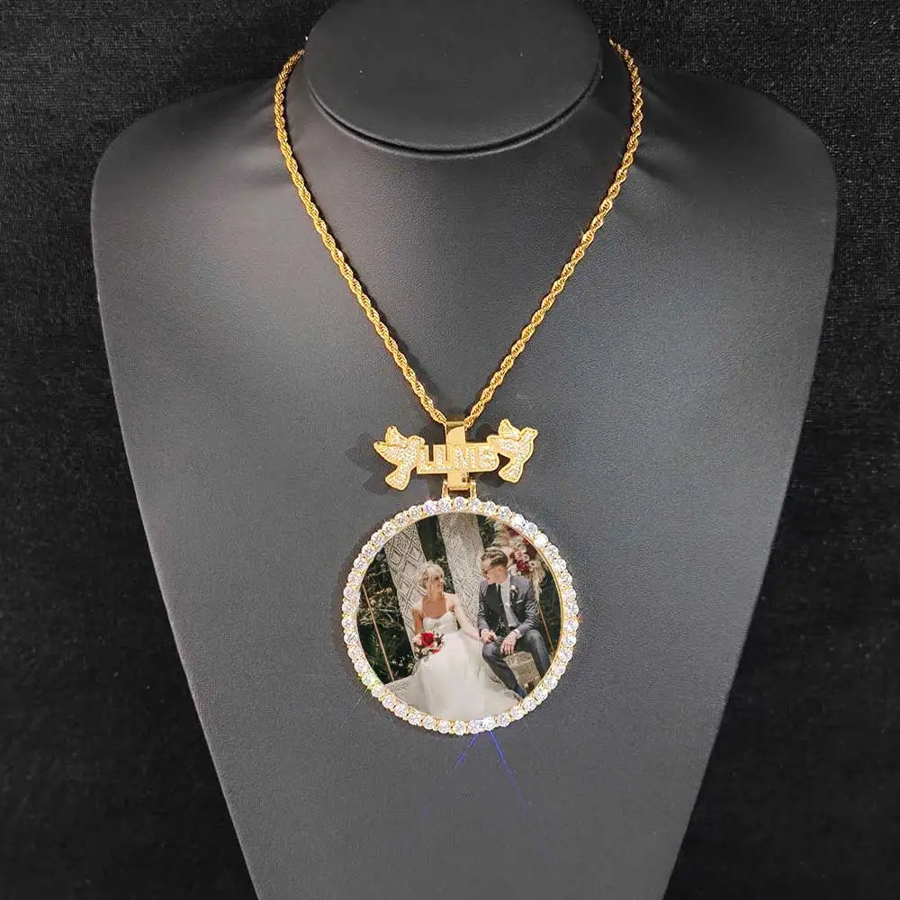 Iced Out Letter Photo Pendant Necklace 68MM Circle