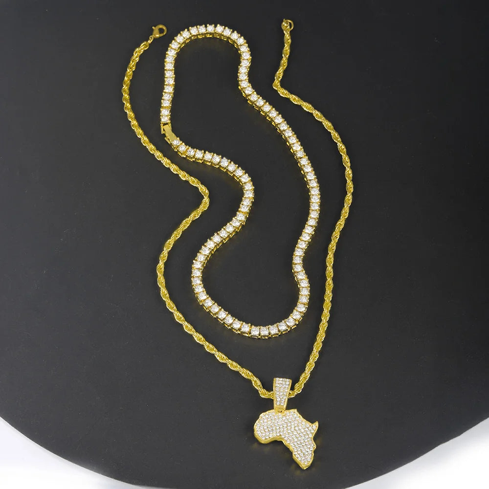 Hip-hop Men's Necklace Set Stylish Africa Map Pendant Necklace Iced Out Inlaid Diamonds Tennis/Rope Chain Punk Jewelry Gift Set