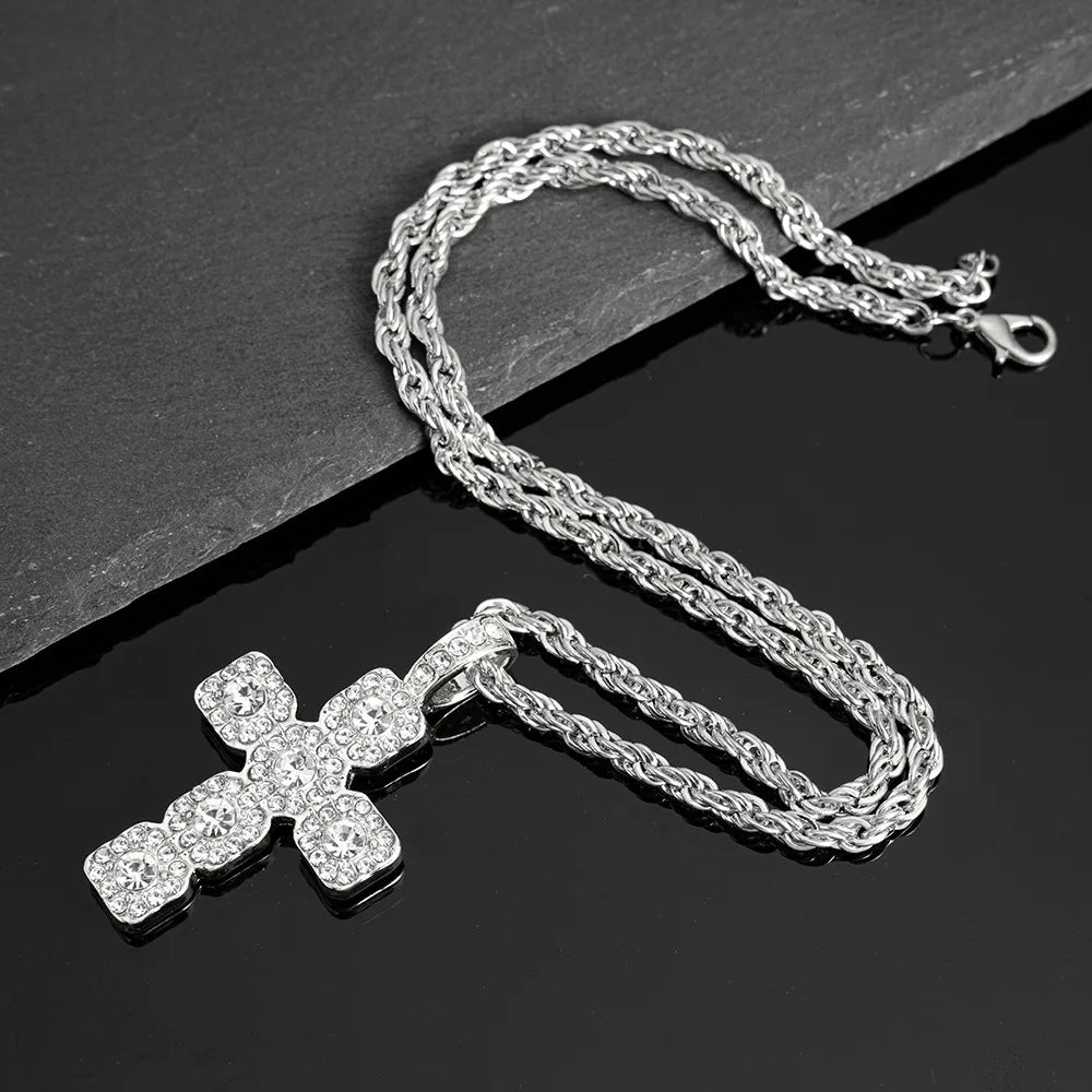 Iced Out Cross Pendant Necklace — 4mm Tennis Chain, Two-Tone