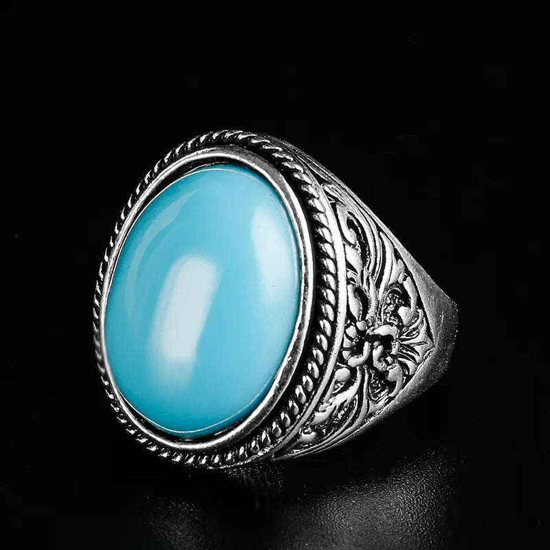 European and American Classical Vintage Black Agate Oval Ring Men's Art Carved Simple Men's Handicrafts