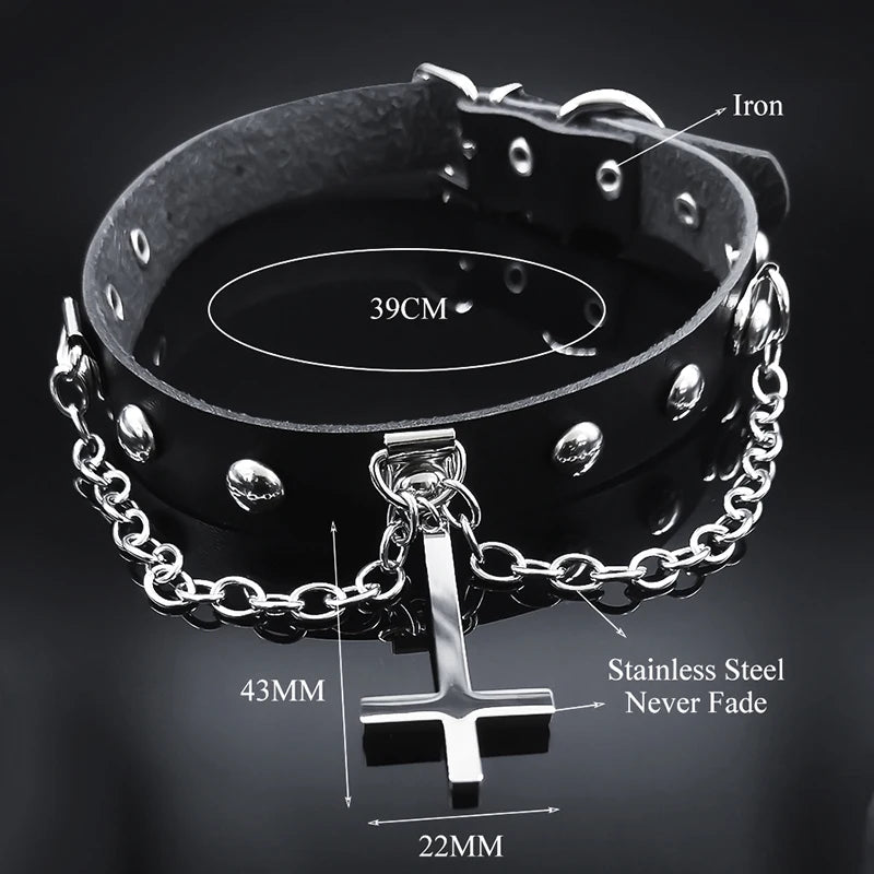 Gothic Cross Leather Choker Necklace — Stainless Steel