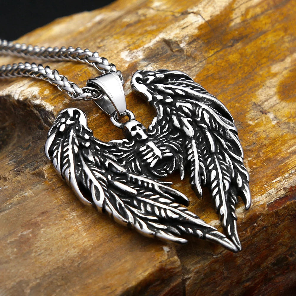 New 316L Stainless Steel Skull With Angel Wings Pendant Necklaces For Men Boys Gothic Hip Hop Biker Jewelry Gifts