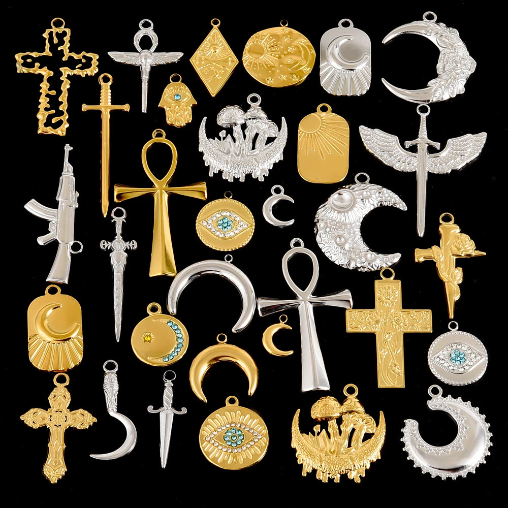 7Pcs No Fade Stainless Steel Wicca Moon Sun Egyptian Ankh Life Cross Pendant DIY Fatima Hand Turkish Evil Eye кулон Jewelry