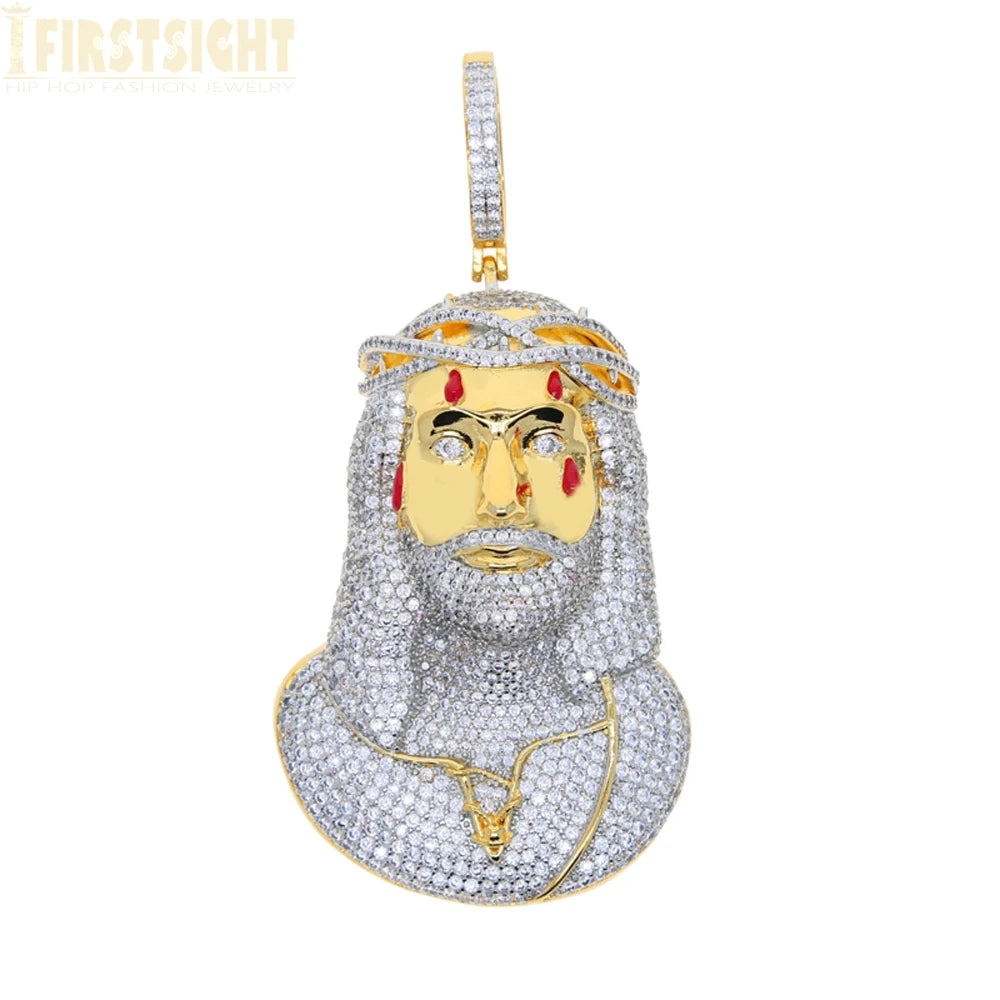 Iced Out Rose Flower Jesus Head Pendant Necklace Two Tone Color CZ Zircon Faith Charm Men Women Hip Hop Fashion Rock