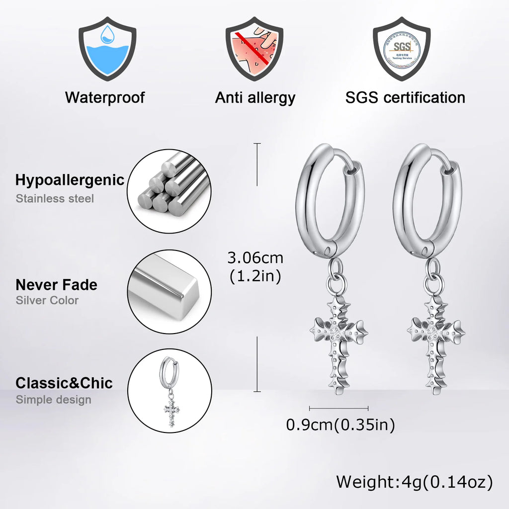 Punk Gothic Thorn Cross Pendant Hoop Earrings, Cool Hip Hop Stainless Steel Drop Earrings, Fashion Daily Party Jewelry