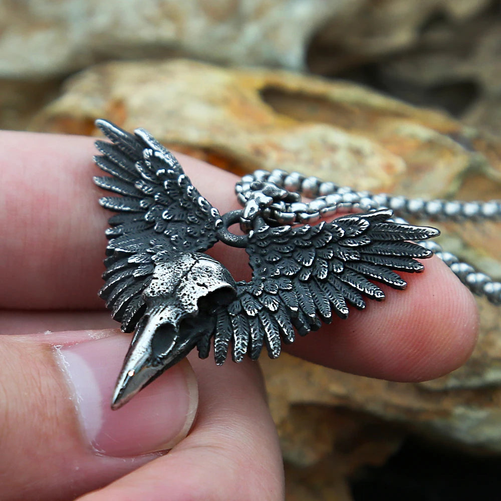 Vintage Punk Raven Skull Pendant Black Stainless Steel Wing Necklace Men Biker Unique Animal Amulet Jewelry Gifts