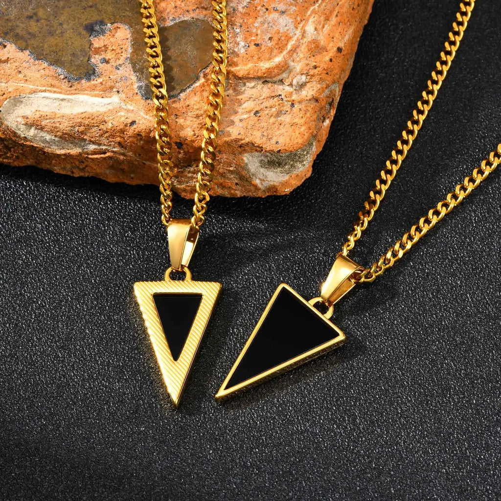 Black Agate Triangle Pendant — Stainless