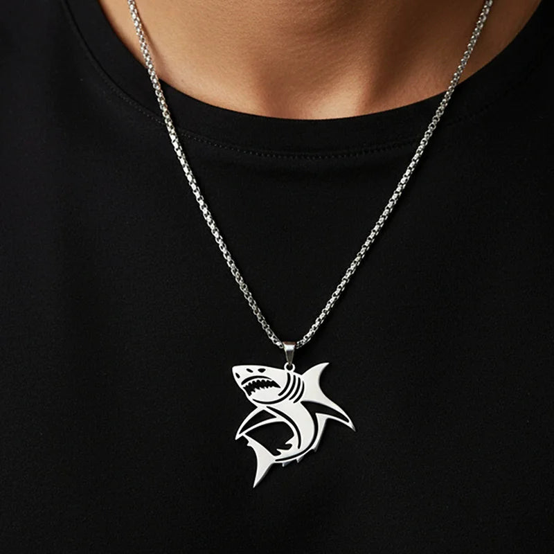Hip Hop Silver Color Great White Shark Pendant Necklace For Men Stainless Steel Jewelry Gifts