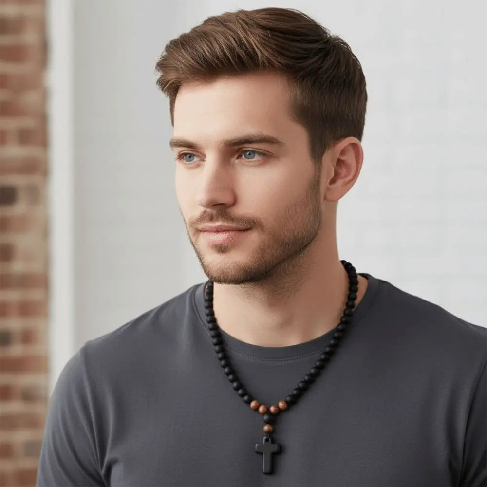 New Cool Rosary Cross Black Round Beads Tiger Eye Stone Cross Pendent Black Cross Pendant Matte Long for Men and Women