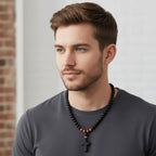 New Cool Rosary Cross Black Round Beads Tiger Eye Stone Cross Pendent Black Cross Pendant Matte Long for Men and Women