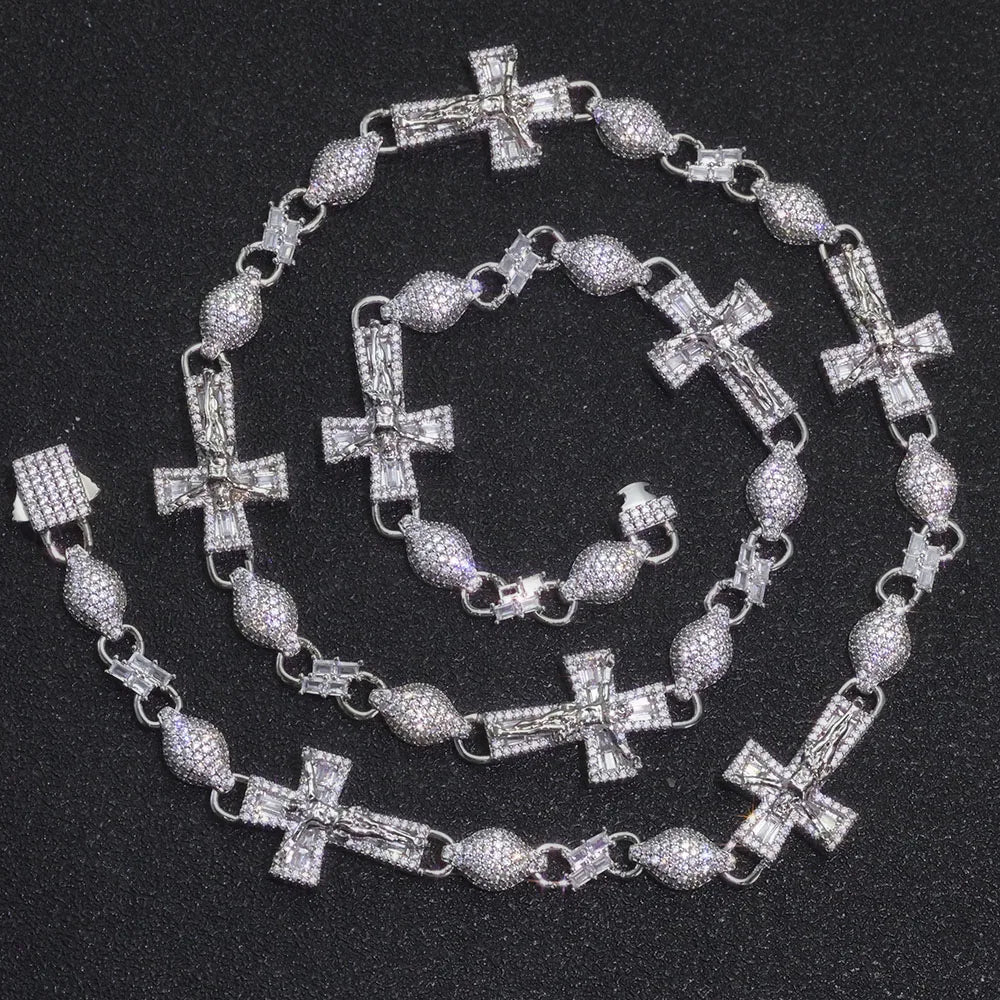 Cross Iced Out Rosary Chain Necklace Stainless Steel