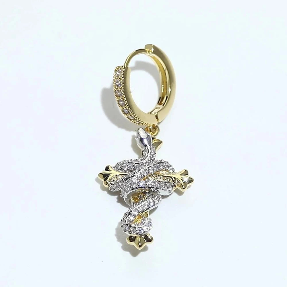 Iced Out Cross Snake Dangle Hoop Earrings