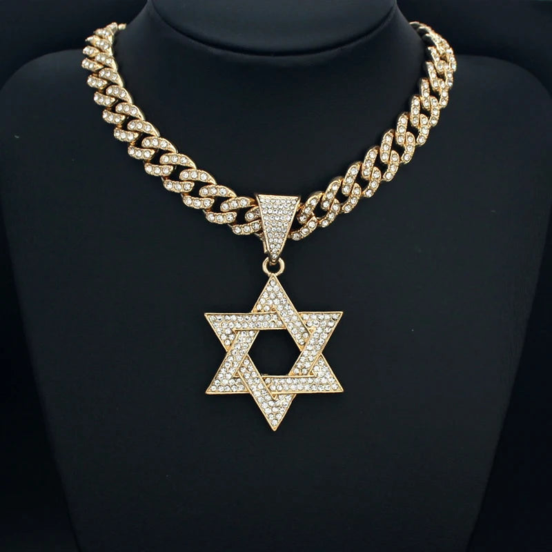 Fashion Star of David Pendant Necklace Women Men Hip Hop Tennis Cuban Chain Necklaces Classic Six-pointed Star Jewish