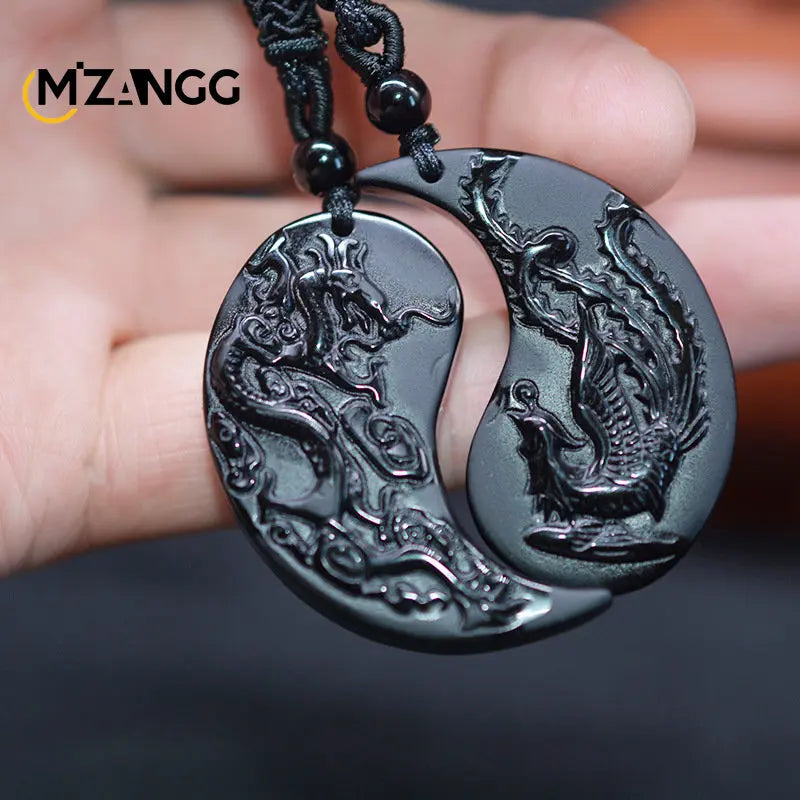 Natural Obsidian Dragon and Phoenix Pendant Personalized Couple Heart-shaped Pendant Men and Women Holiday Gift Necklace