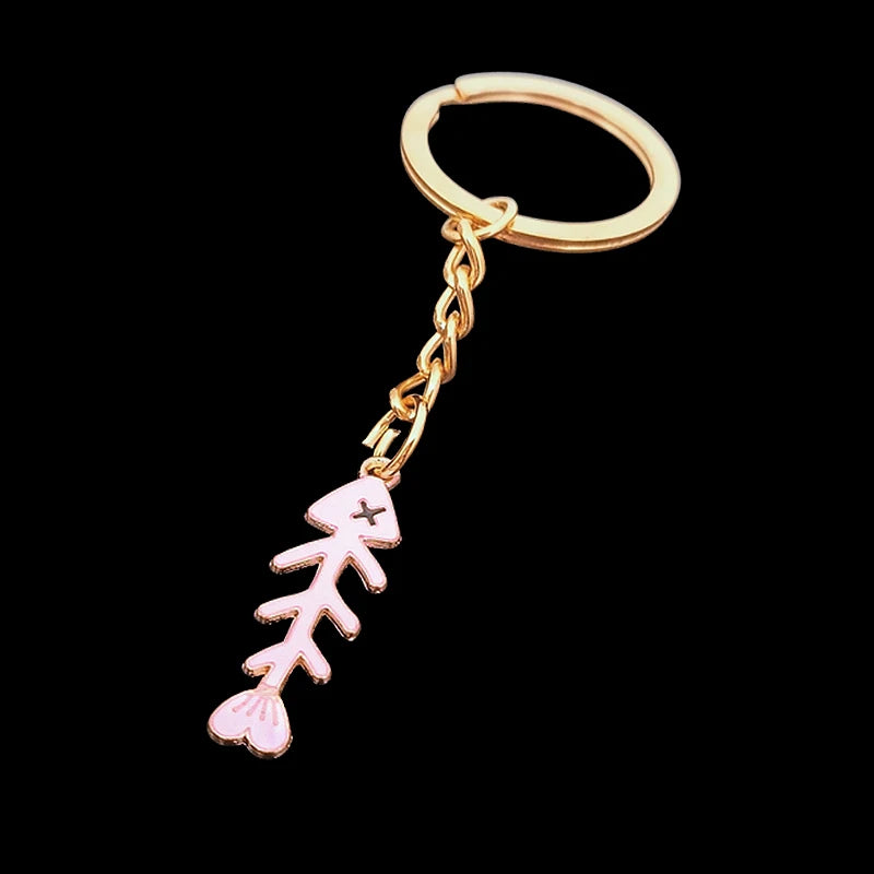 Fish Bone Keychain — Metal Key Holder, Silver & Enamel