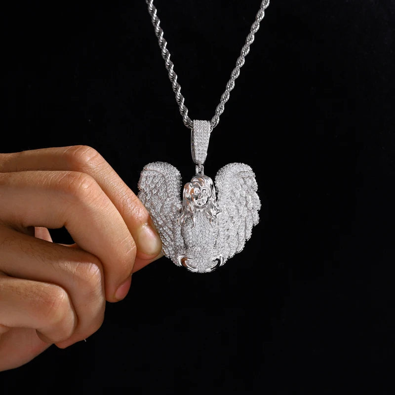 TUHE Copper Angel Wing Pendant Necklace Full Iced Out Cubic Zirconia Hip Hop Jewelry For Men Women Party Gift
