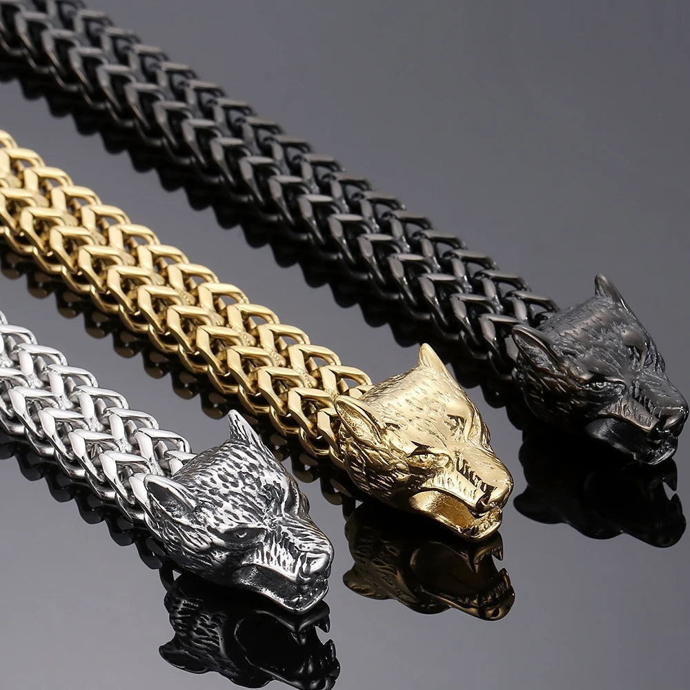 Viking Wolf Head Bracelet for Man With Square Franco Link Chain Stainless Steel Men's Bracelets Masculine Norse