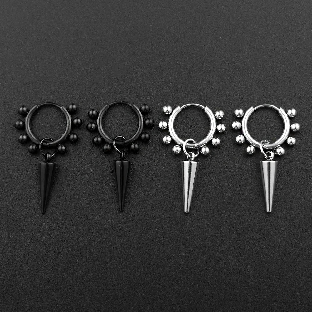 Spike Cone Drop Earrings Beaded Hoop Gothic — Stainless Steel