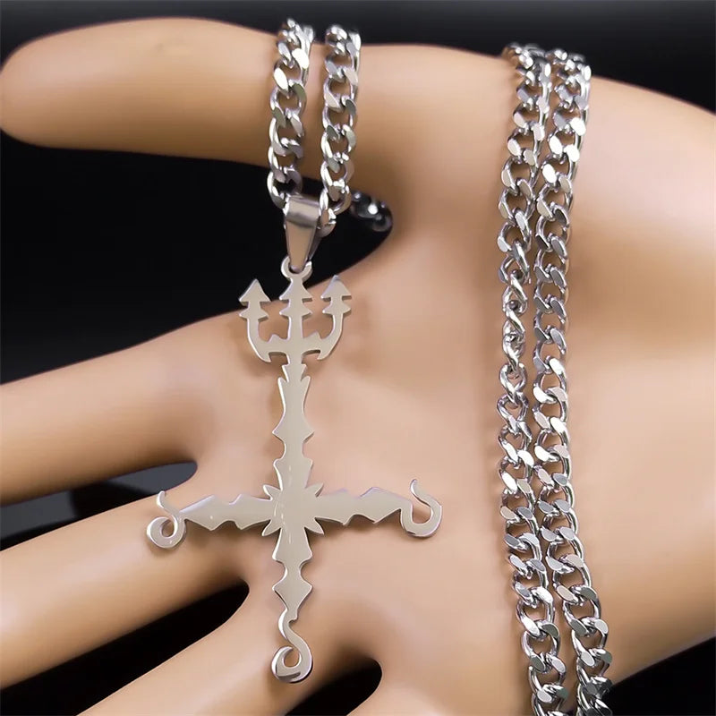 666 Inverted Cross Trident Necklace — Silver