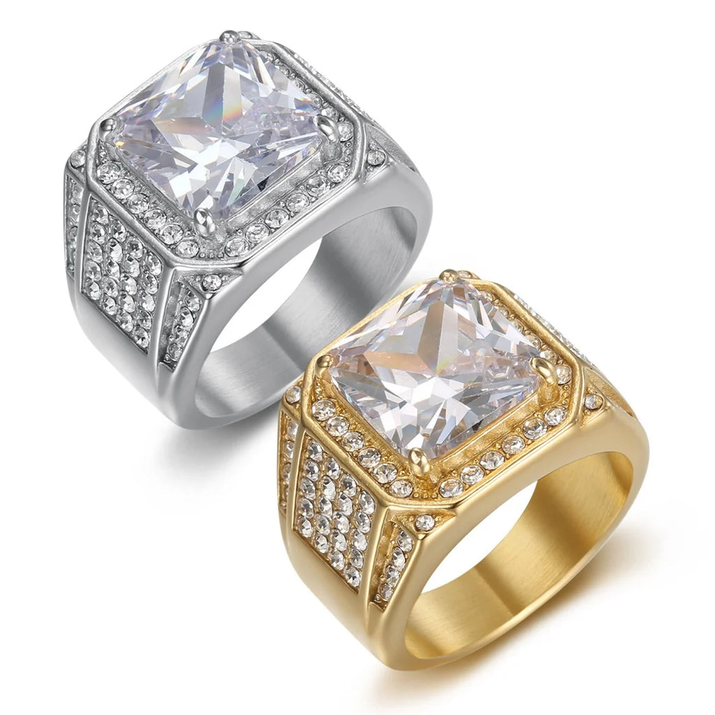 Iced Out Chunky CZ Square Ring 17mm — Stainless Steel