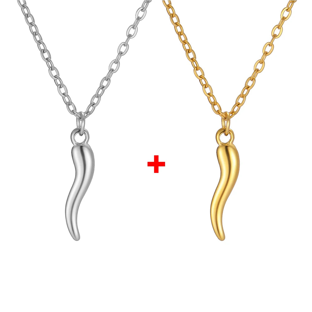 Italian Horn Amulet Pendant Necklace — Steel