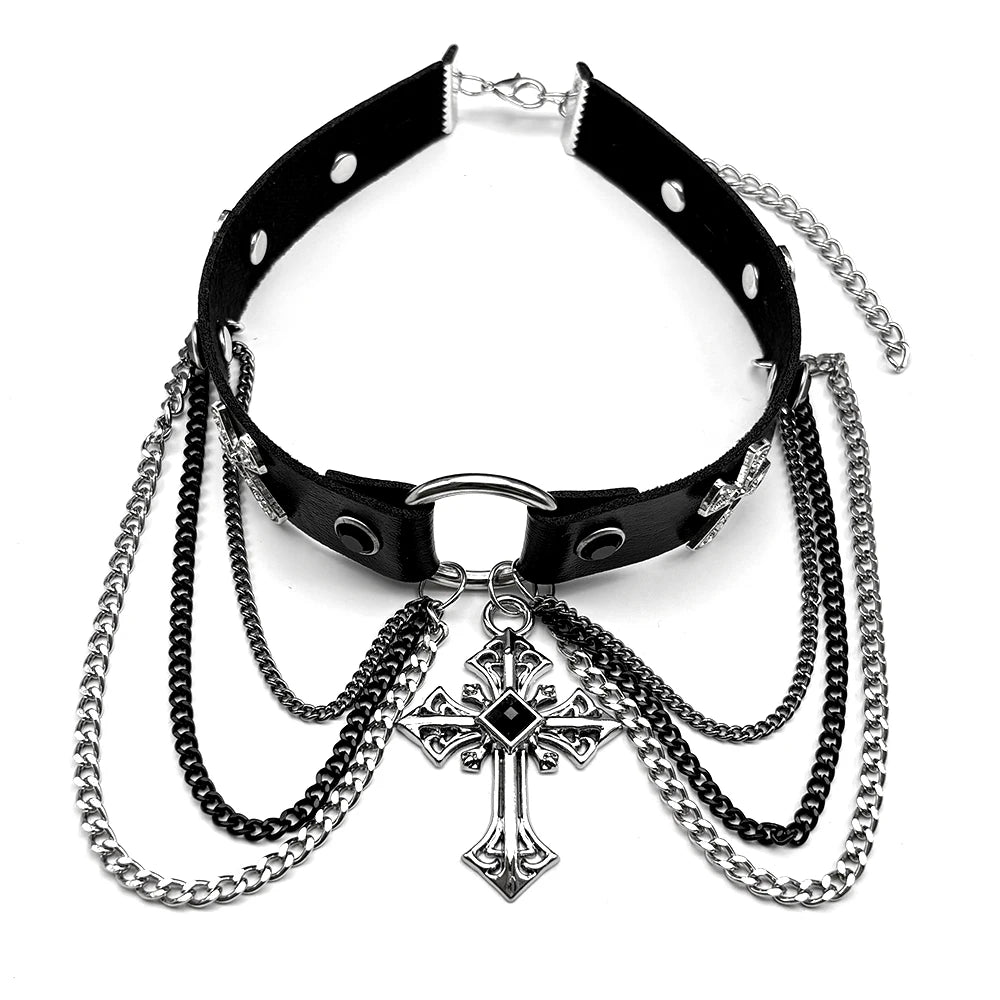 Gothic Cross Leather Choker Necklace — Silver